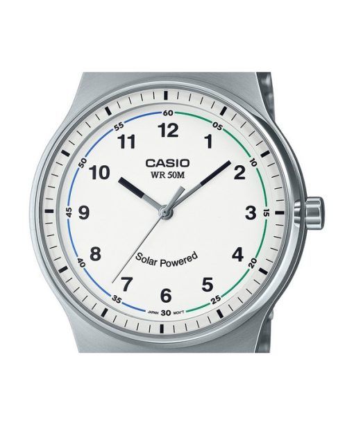 Casio 표준 아날로그 스테인레스 스틸 화이트 다이얼 Solar MTP-RS105D-7BV 남성용 시계