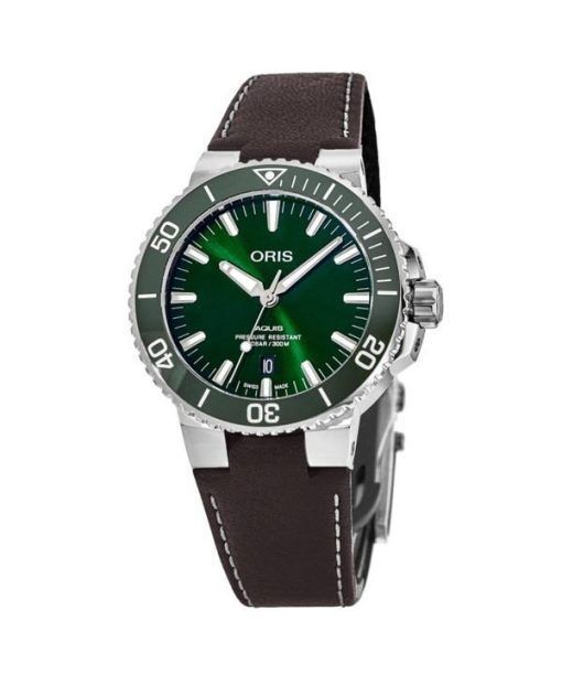 Oris Aquis Date Leather Strap Green 다이얼 오토매틱 다이버&#39,s 01 733 7732 4157-07 5 21 10FC 300M 남성용 시계