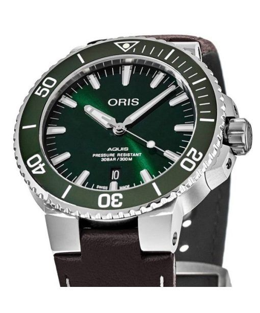 Oris Aquis Date Leather Strap Green 다이얼 오토매틱 다이버&#39,s 01 733 7732 4157-07 5 21 10FC 300M 남성용 시계