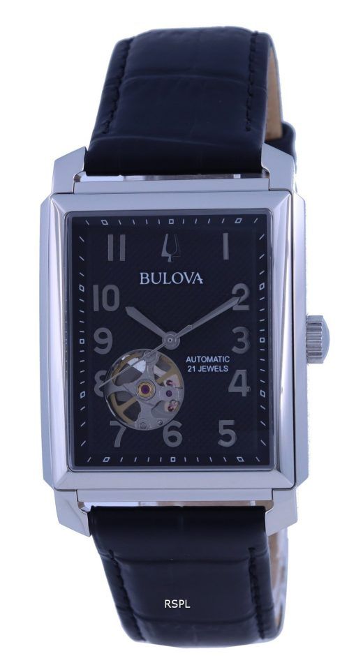 Bulova Sutton Open Heart Black 다이얼 가죽 스트랩 오토매틱 96A269 남성용 시계