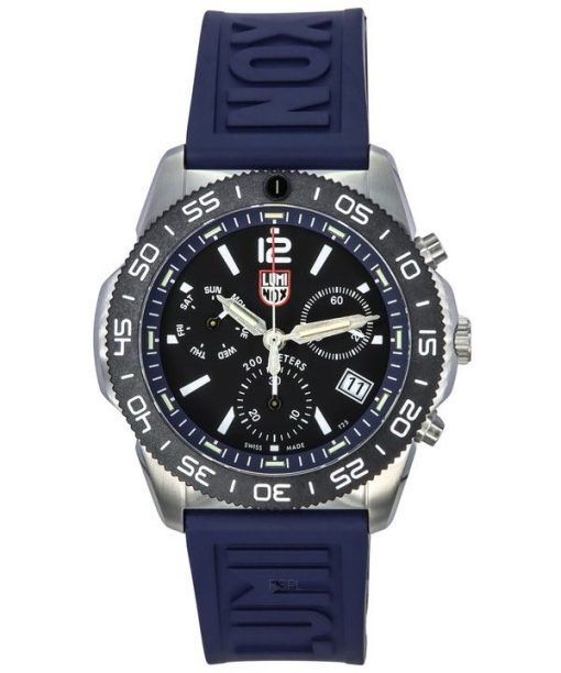 Luminox Pacific 다이버 크로노그래프 네이비 러버 스트랩 블랙 다이얼 스위스 쿼츠 다이버 XS.3143 200M 남성용 시계