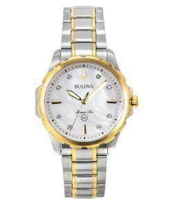 Bulova Marine Star 투톤 스테인리스 스틸 다이아몬드 악센트 마더 오브 펄 다이얼 쿼츠 98P227 100M 여성용 시계