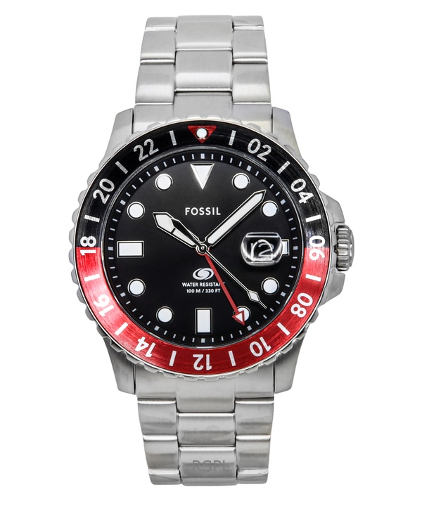 Fossil Blue GMT 스테인리스 스틸 블랙 다이얼 쿼츠 FS6092 100M 남성용 시계