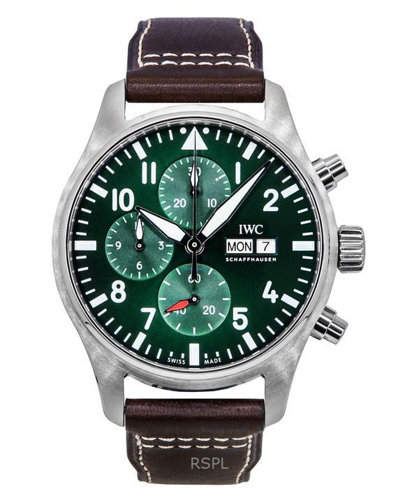 IWC 파일럿 크로노그래프 레더 스트랩 그린 다이얼 오토매틱 IW378005 100M 남성용 시계