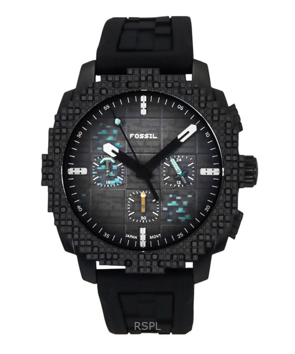 Fossil Minecraft Deepslate 크로노그래프 한정판 실리콘 스트랩 블랙 다이얼 쿼츠 LE1205 남성용 시계