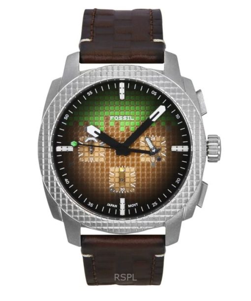 Fossil Minecraft Grass Block 크로노그래프 한정판 가죽 스트랩 브라운 다이얼 쿼츠 LE1206 남성용 시계