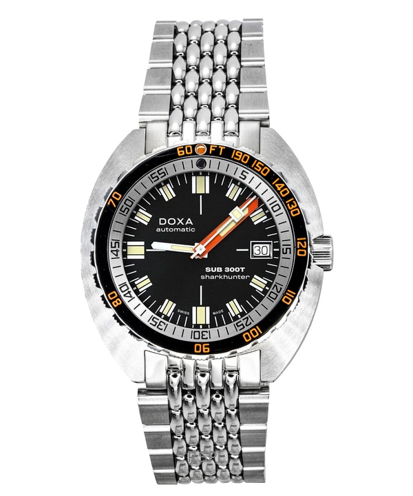 Doxa SUB 300T 샤크헌터 스테인리스 스틸 블랙 다이얼 오토매틱 다이버 840.10.101 Doxa SUB 300T 샤크헌터 스테인리스 스틸 블랙 다이얼 오토매틱 다이버 840.10.101.10 1200M 남성용 시계 (추가 스트랩 포함)