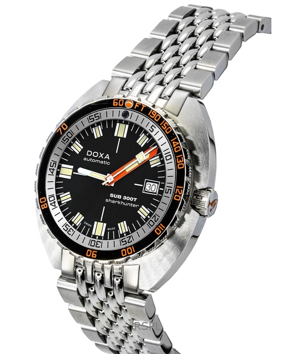 Doxa SUB 300T 샤크헌터 스테인리스 스틸 블랙 다이얼 오토매틱 다이버 840.10.101 Doxa SUB 300T 샤크헌터 스테인리스 스틸 블랙 다이얼 오토매틱 다이버 840.10.101.10 1200M 남성용 시계 (추가 스트랩 포함)