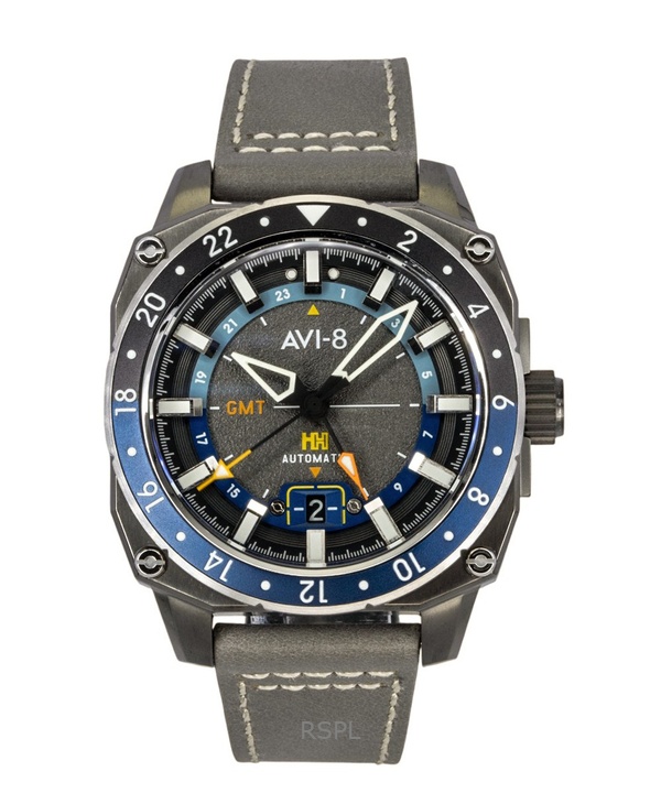 AVI-8 호커 헌터 아틀라스 GMT 가죽 스트랩 미스트 그레이 다이얼 오토매틱 AV-4122-04 남성용 시계